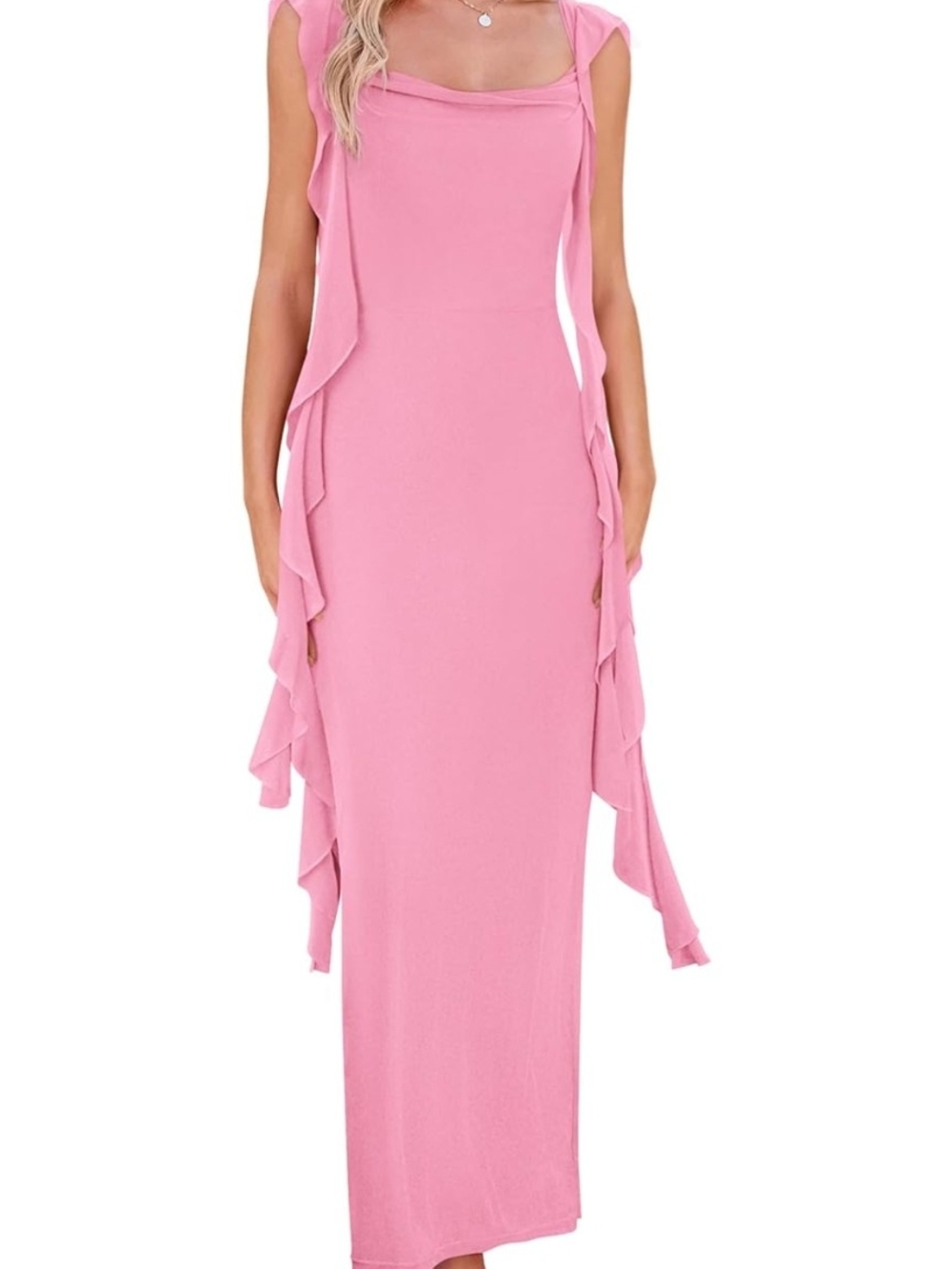 Pink Ruffle-Trim Maxi Dress